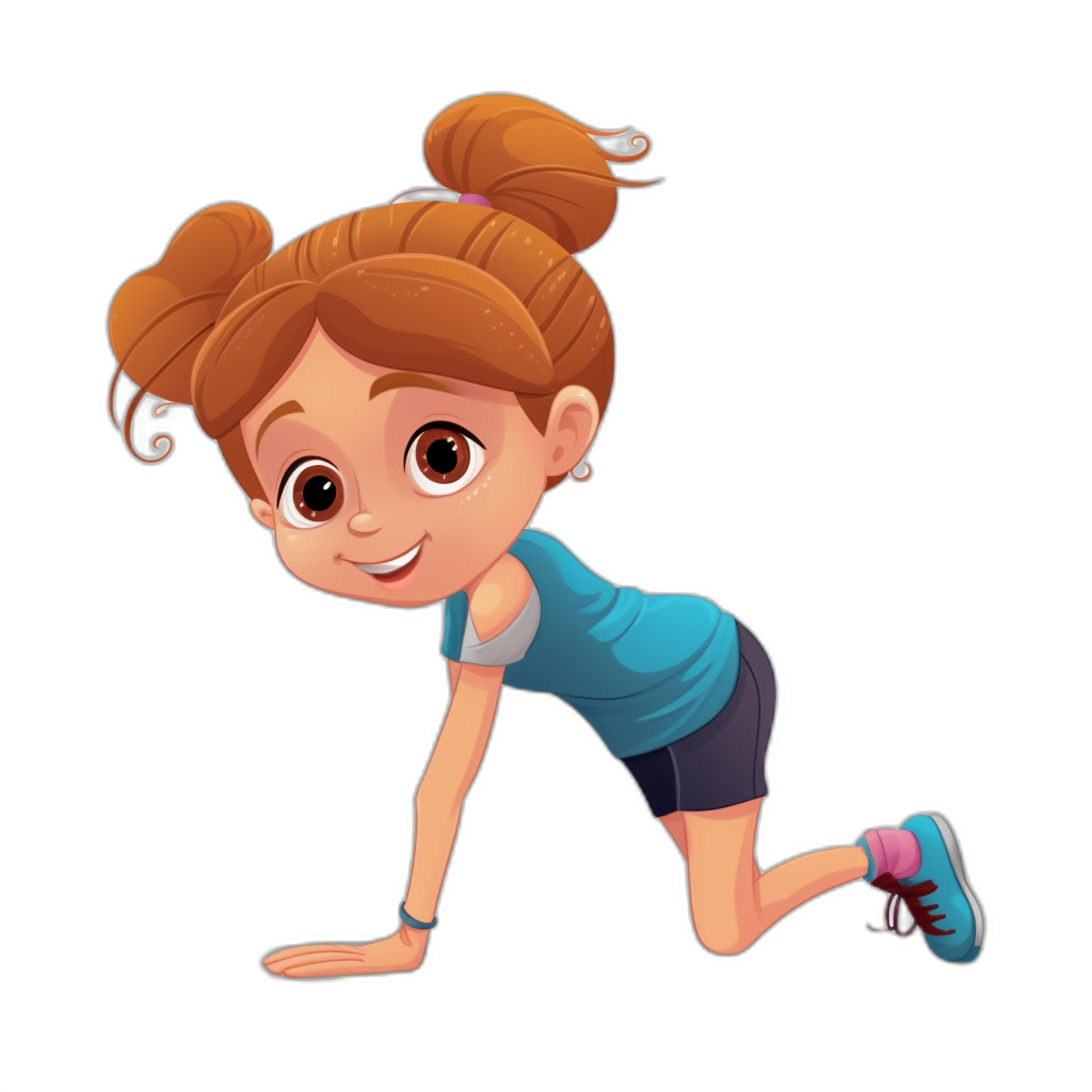 A cartoon girl doing pushups, with brown hair in pigtails and wearing blue shorts and an oversized tshirt on her back is crawling forward. She has bright eyes, big ears, small nose, full lips, long necks, round cheeks, wears sports shoes, smiling expression, simple background, black background, flat illustration style, vector graphics, high resolution, no gradient shading, no shadowing details, colorful colors, cute appearance, Pixar style, Disney style, 2D game art, simple lines, simple shapes