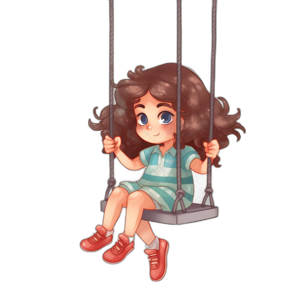 chibi style, cute girl with brown hair and blue eyes sitting on the swing, black background, digital art in the style of Pixar studio, simple design, simple colors, simple shapes