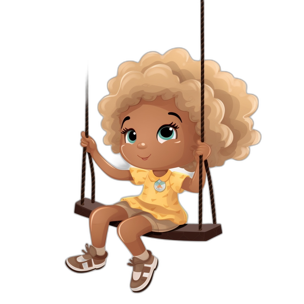 A cute little black girl with blonde curly hair sitting on the swing. She is wearing a yellow dress and white shoes. Clipart in the style of Disney Pixar isolated on a black background, high detail, hyper quality, no shadows, soft colors, no text, strong outline.