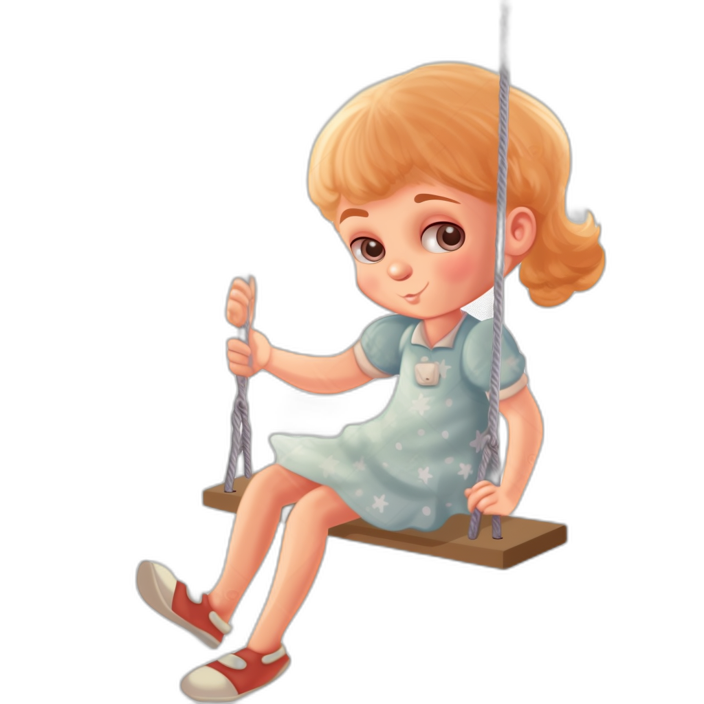 A cute little girl with short blonde hair and brown eyes is sitting on the swing, wearing a blue dress and red shoes against a black background. The art is in the style of Pixar with a cartoon character design and simple details like lines typical of 2D game art. The color palette is mostly white with a simple background and presented at high resolution and quality.