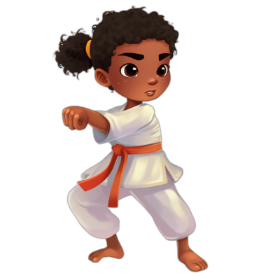 A young black girl dressed in a white karate outfit with an orange belt, ready to fight. She has short curly hair and is smiling slightly at the camera. Her eyes have expressive details. The illustration style should be similar in the style of Pixar's character design. Black background. Full body shot. Cartoon character.