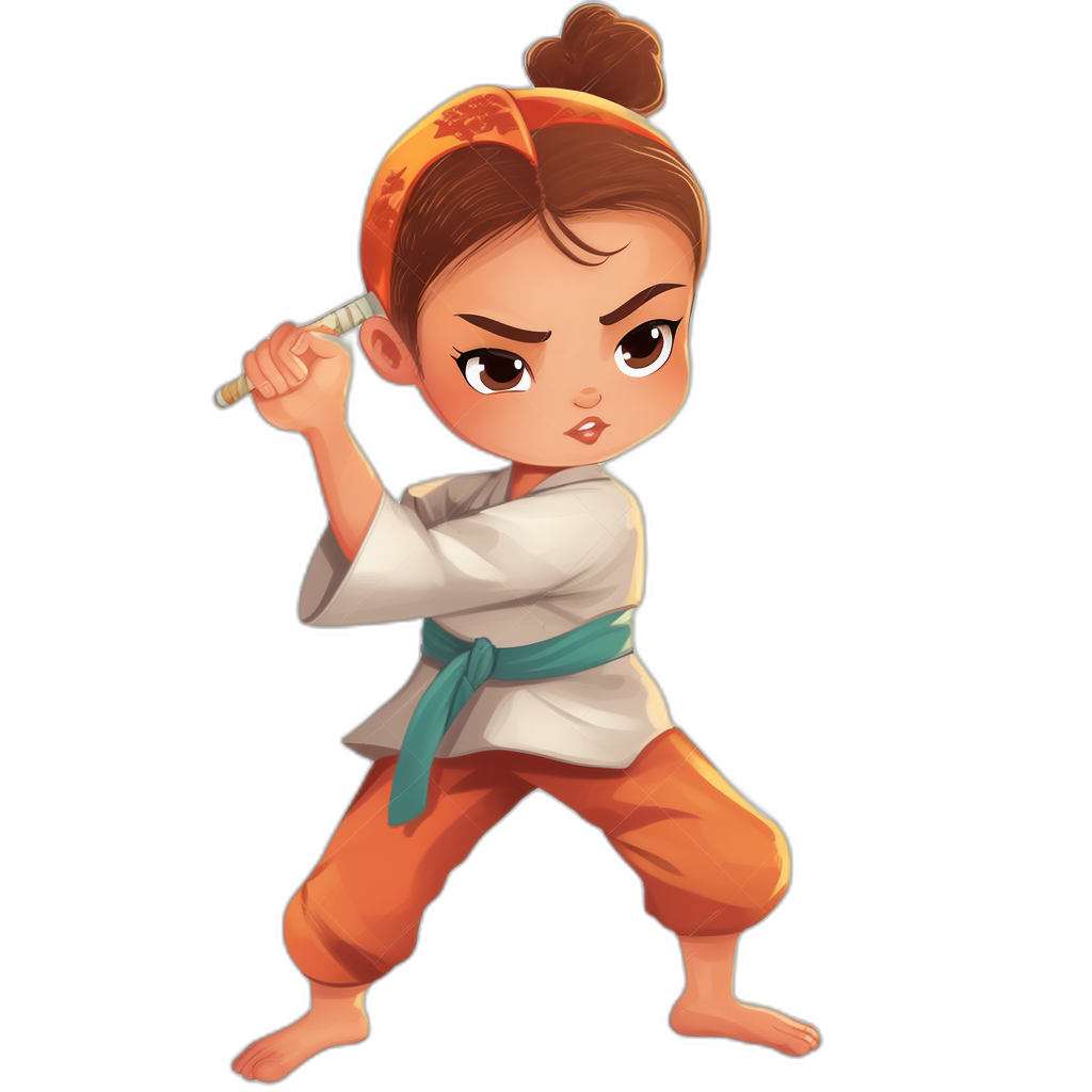 A cute little girl in martial arts robes, ready to fight with her karate pose. The character is designed in an animated cartoon style, rendered using the Unreal Engine and in the style of Disney Pixar, created for children’s book illustrations. She has brown hair tied into two buns on top of her head, wearing orange pants and a white shirt with a blue sash around her waist. Her eyes have big round black pupils, she holds up one hand holding a small wooden sword, with both feet spread apart on the ground. Black background. Full body shot. No outline or shadow.