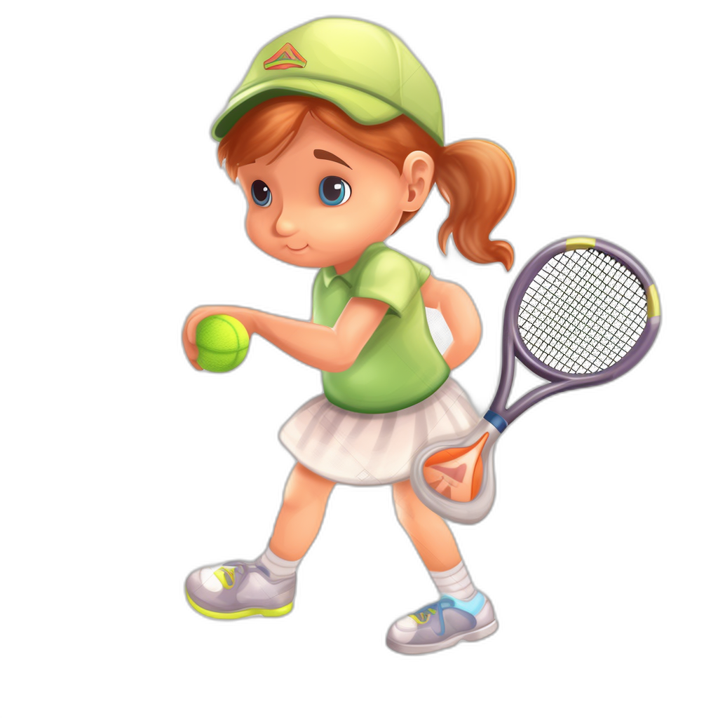 A little girl playing tennis, wearing a green and white skirt, with blue eyes, in a cute cartoon style, with a simple design, on a black background, in a flat illustration, holding the racket in one hand to hit the ball, wearing a baseball cap and sports shoes, with a cartoon character design, like 2D game art, in the style of a cartoon logo. The overall color scheme is bright and full of vitality, with warm tones such as orange or pink. It creates an atmosphere that gives people a cheerful feeling.