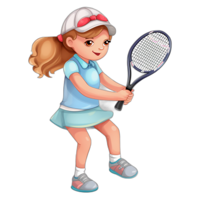 A cute little girl playing tennis, wearing a blue skirt and white cap with a red bow on it, holding a racket in her hand, clipart design in the style of animation cartoon on a black background.