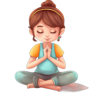 A cartoon girl is doing yoga, with her hands clasped together and eyes closed in meditation on the black background. She has brown hair tied into a ponytail, wearing blue and gray pants underneath it. The character's facial features include long eyelashes and big lips, creating a cute style. The illustration is in the style of soft atmospheric perspective, chibi animation, bold colors, simple designs, dark cyan and light amber, high resolution, high detail.