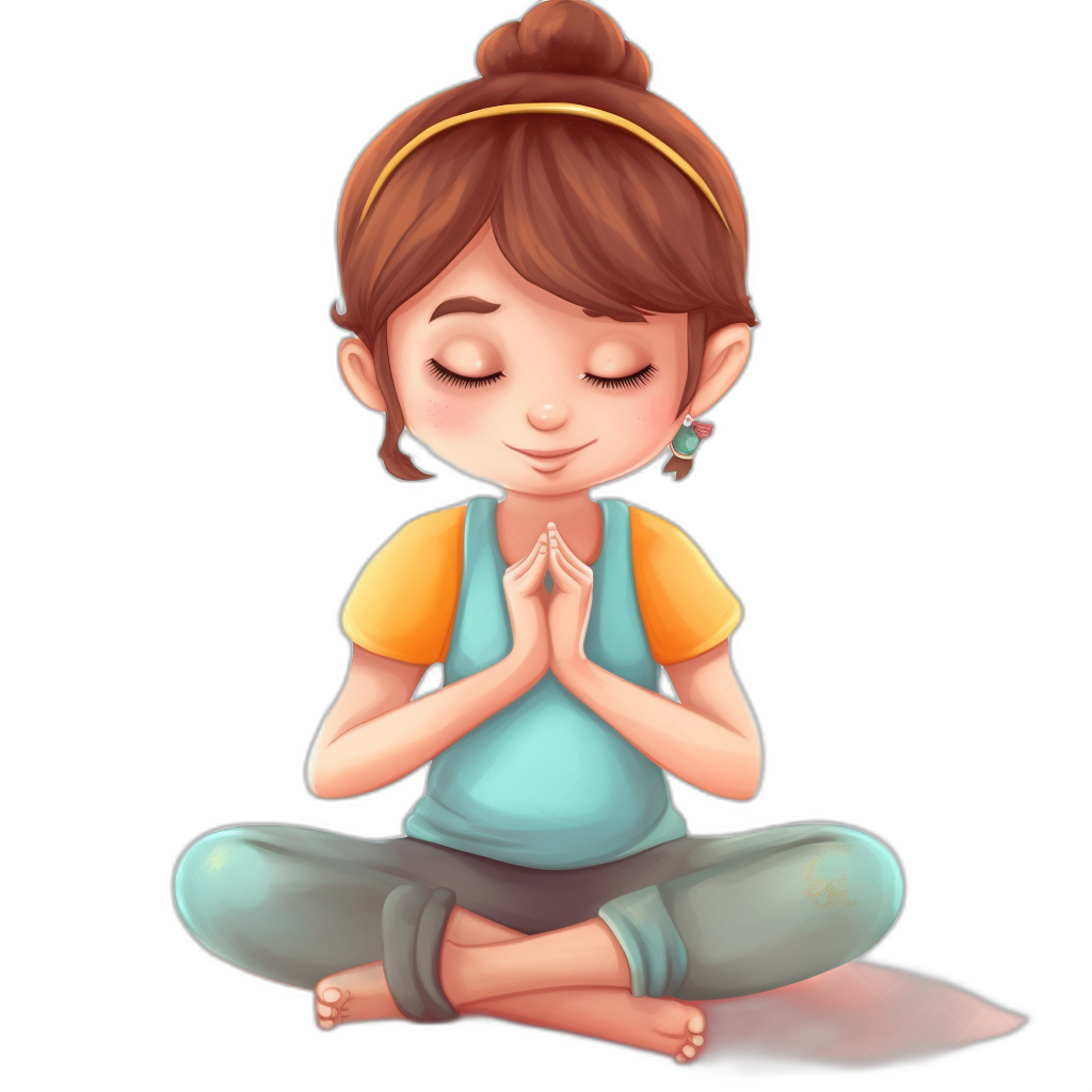 A cartoon girl is doing yoga, with her hands clasped together and eyes closed in meditation on the black background. She has brown hair tied into a ponytail, wearing blue and gray pants underneath it. The character’s facial features include long eyelashes and big lips, creating a cute style. The illustration is in the style of soft atmospheric perspective, chibi animation, bold colors, simple designs, dark cyan and light amber, high resolution, high detail.