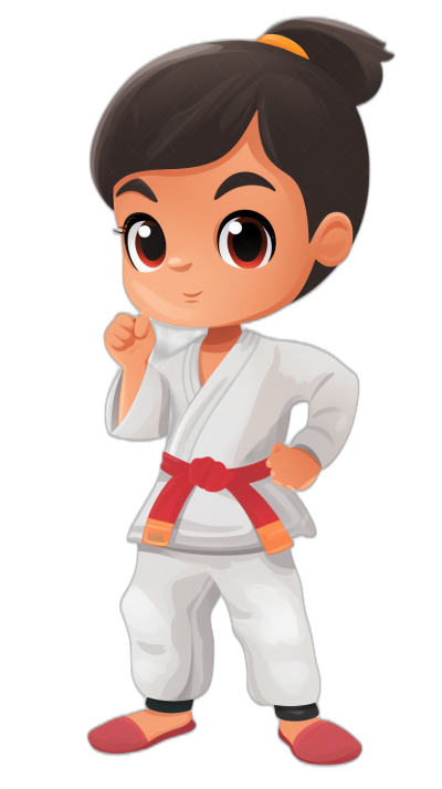 cartoon girl character in karate outfit, black background, cute and simple design, red belt, big eyes, chibi style, full body