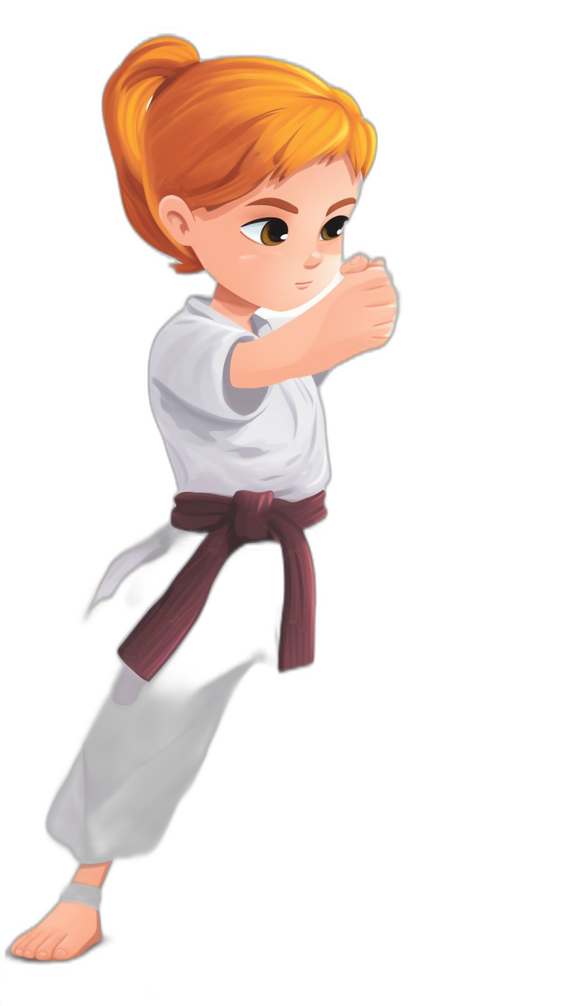 A young girl with short, orange hair in an updo and brown eyes is dressed for karate training, wearing a white shirt, red belt, and black pants. She is striking a forward kick pose on a pure solid black background in a cute chibi style. Her outfit includes all of her attire from head to toe. Full body cartoon illustration in the style of a chibi artist.