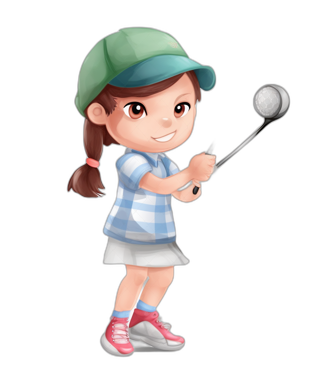 A cute little girl playing golf in a simple chibi style with a solid black background, wearing a blue and white checkered shirt under a green cap and pink shoes, holding a club in her hand, vector illustration in the style of clipart for stickers, isolated on a pure Black Background.