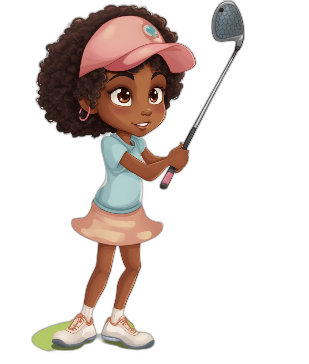 An African American young girl cartoon character playing golf in the style of clip art style with a plain black background.