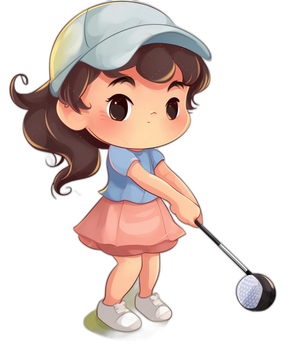 chibi style cartoon of young girl playing golf, solid black background, cute and adorable, pastel colors, low contrast, low brightness