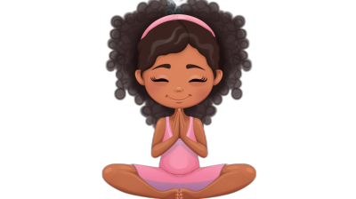 Cute cartoon illustration of an African American girl with curly hair wearing pink, sitting cross-legged in the lotus position and smiling while doing yoga on a black background. The illustration is in the style of a minimalist cartoon.