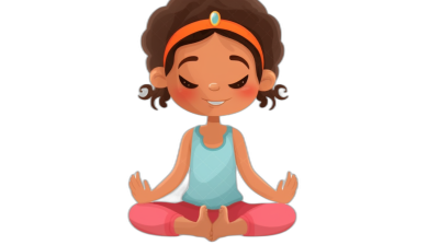 A cartoon-style avatar of an Indian girl, wearing yoga attire and meditating in the lotus position with her eyes closed, set against a simple black background for easy colorization. The focus is on realism while maintaining child-friendly charm. Her hair should be styled up or down, she has beautiful big brown eyes. She's smiling slightly as if having fun doing something playful. This character will depict various poses to highlight different pasta shapes, such as fettuccine, penne, in the style of different artists.