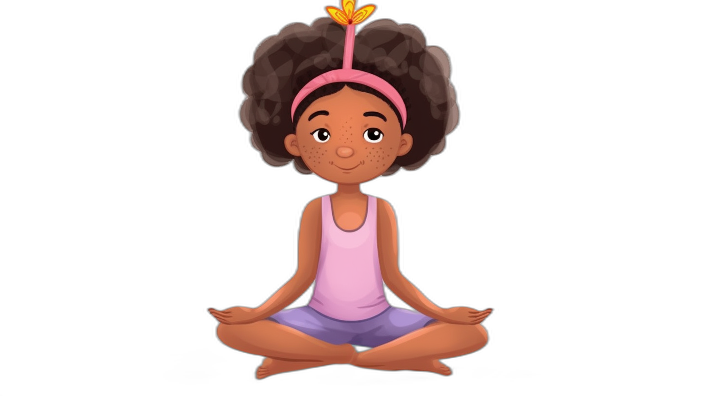 african american girl character, sitting in lotus pose meditating with hair up and pink headband on her forehead, simple facial expressions, cute pixar style illustration for kids, clipart, isolated black background