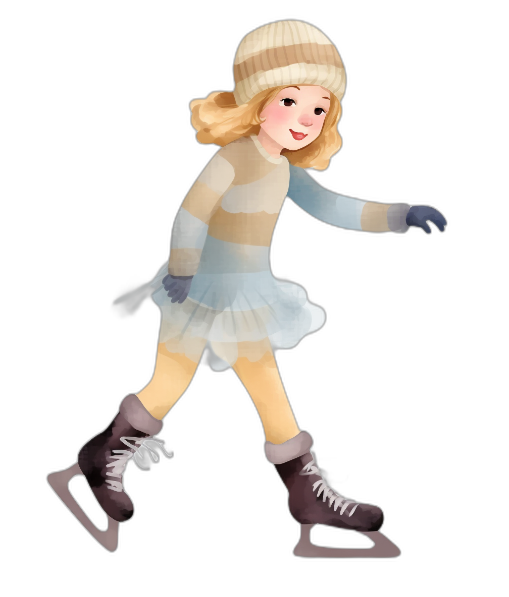 A cute blonde girl ice skating in the style of clip art, in the style of isolated on a black background.