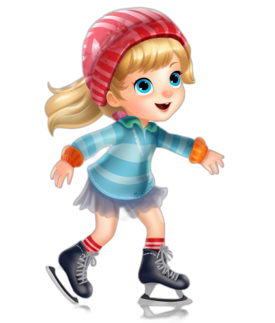 Cute cartoon girl ice skating, wearing a blue striped shirt and red cap with white stripes on her head, blonde hair in a ponytail, short skirt, black background, in the style of Pixar, in the style of Disney animation, high resolution, 3D rendering, full body portrait, cute expression, wearing dark gray skates, wearing light orange socks, white tights, simple lines.