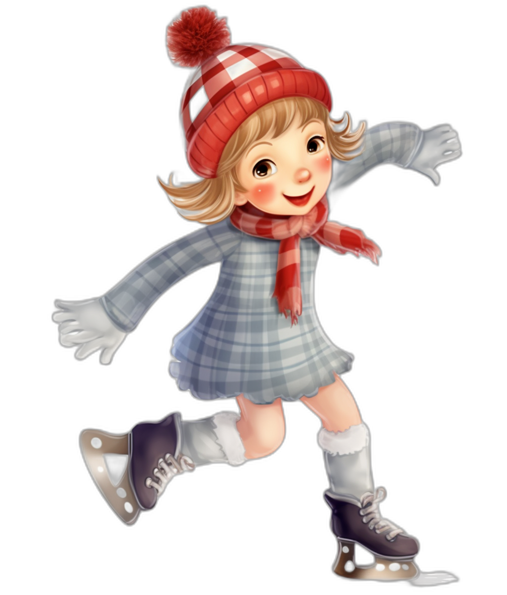 Cute cartoon girl ice skating clip art on a black background, wearing a red and white checkered hat with a puffy ball at the end of her hair, a grey dress with a plaid pattern in front of the chest area, a scarf around her neck, purple boots with two skates on each side, a smiling face, a full body view, in the style of a flat illustration, simple, cute, high resolution, high quality, a professional vector design, sharp focus, no blur, bright colors, white space on all sides.