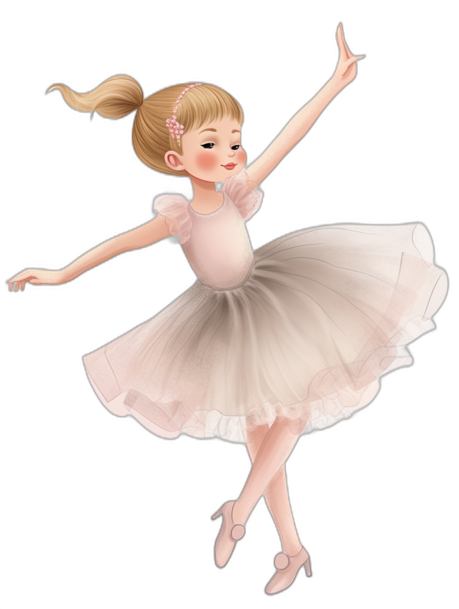 A cute little girl ballerina wearing a white tutu and pink ballet slippers, doing an arabesque in the air in the style of Disney Pixar and hand drawn art nouveau, with a light pastel color palette, soft lighting, and ambient occlusion. It is a high resolution 3D model with a cute, cartoonish design.