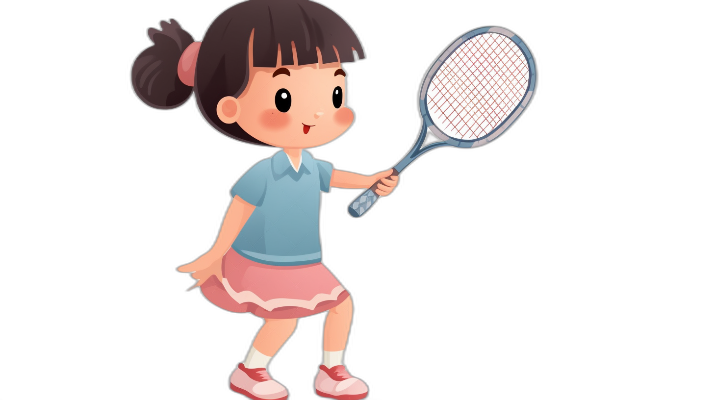 Cute little girl playing badminton, simple flat style illustration with a solid color background. The cartoon character design depicts a black haired girl wearing a blue short-sleeved shirt and pink skirt, holding a racket in her hand in a full body shot. The rendering is in the style of Pixar animation with a pure white floor against a black background.