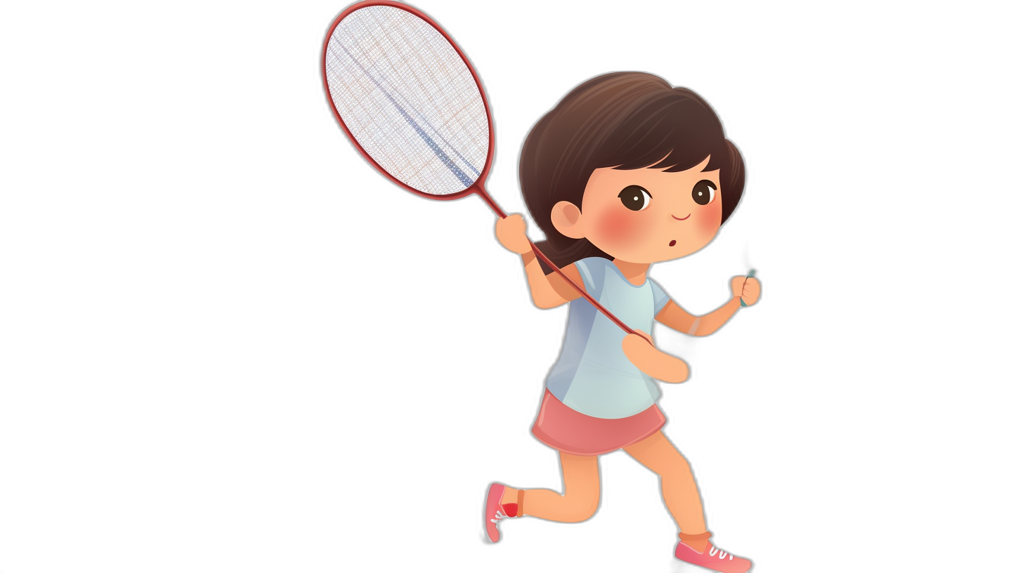 A cute little girl is playing badminton, holding the racket in her hand and running forward with confidence. The illustration style features simple lines, flat colors, black background, cartoon character design, highend color matching, and highdefinition resolution.,,in