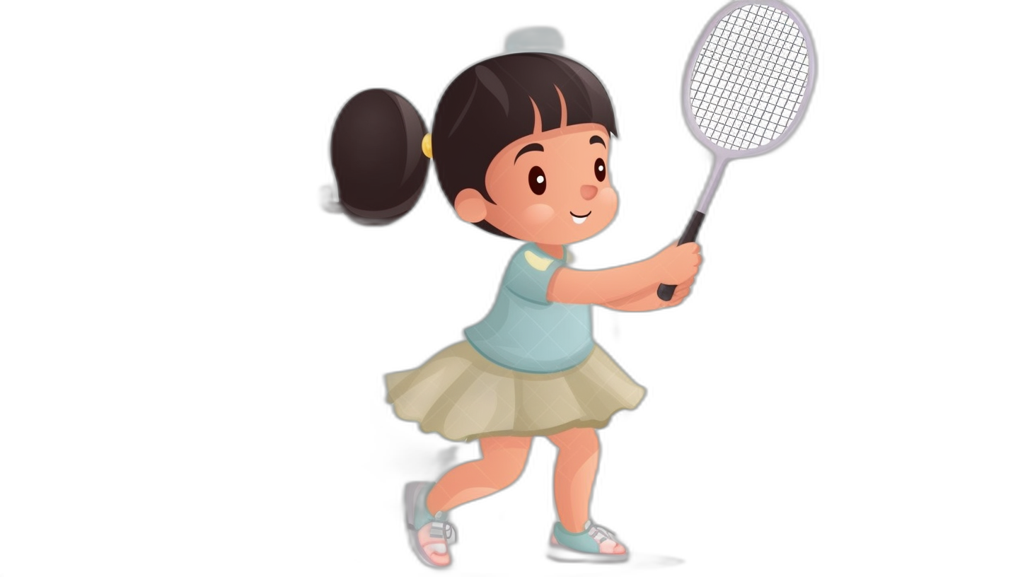 Cute little girl playing badminton, full body shot in a flat illustration style with a black background, simple design with simple details and simple colors using vector graphics with flat color blocks at a high definition, high resolution in a cute cartoon character style. The lines of the characters should be thick to highlight their features, while they do not need too many wrinkles on or skin, and there is no shadow effect, in the style of .