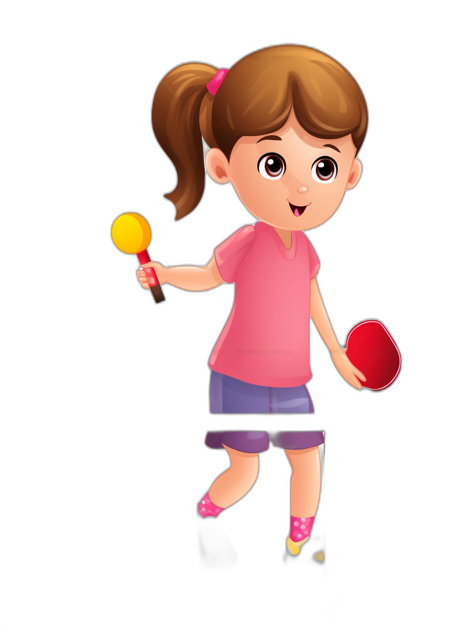 A cute little girl playing table tennis in a cartoon style with simple lines. She is wearing pink short sleeves and shorts against a black background. She is holding the paddle in her right hand with one foot raised to make various movements. It is a vector illustration with a flat design and simple details in bright, high definition colors.