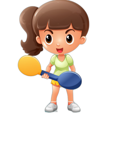 a cute cartoon girl playing table tennis, holding the racket in her hand with both hands, simple flat illustration style, black background, full body shot, front view