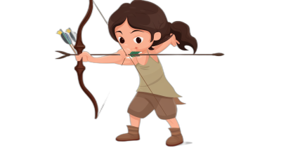 Cute cartoon girl archer, full body, on a black background, in a vector illustration style with simple lines and shapes, in the style of game art and Disney Pixar animation, in the style of Qversion game character design, in a bow aiming posture, with brown hair and bangs wearing beige shorts, simple.