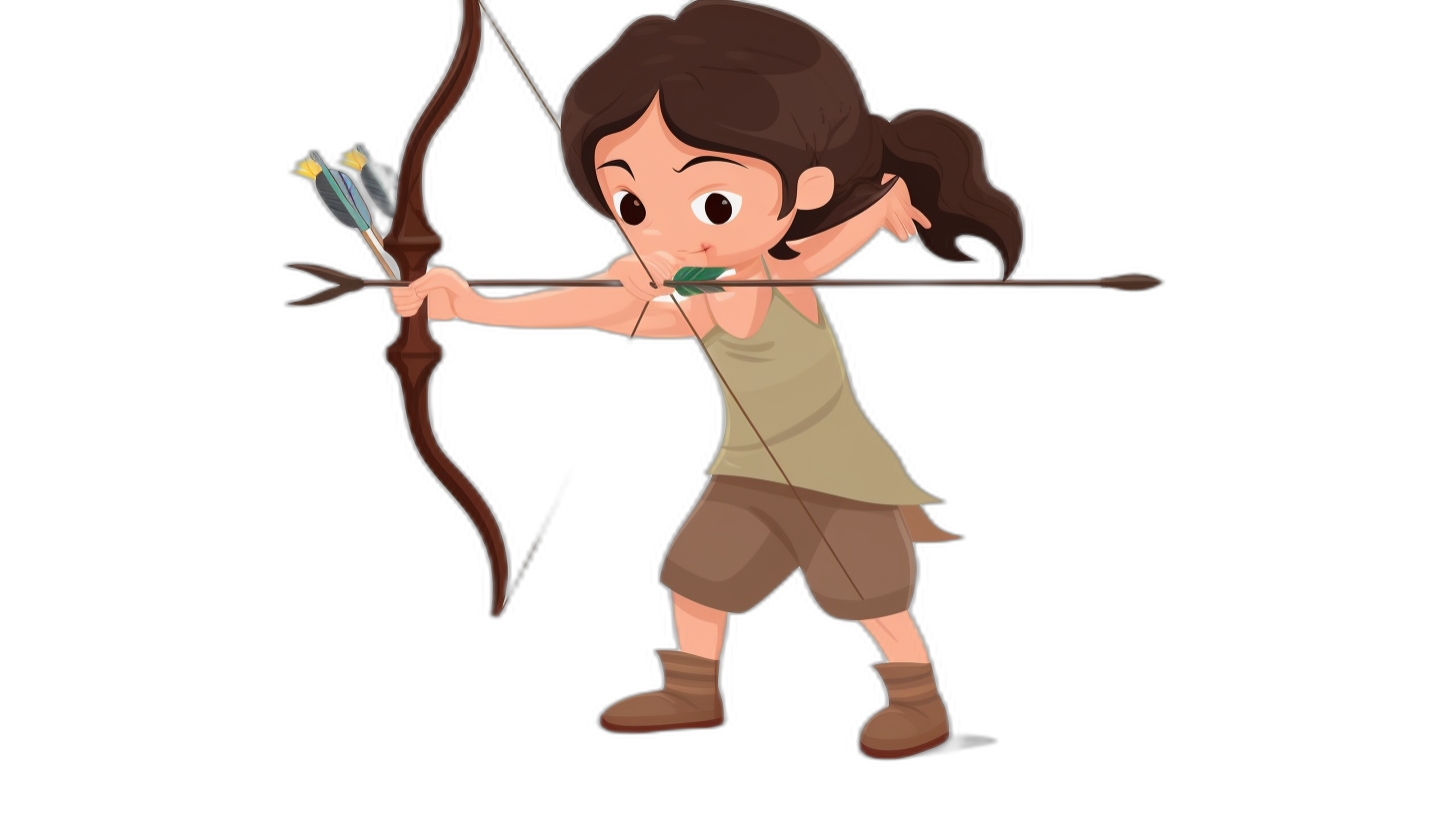 Cute cartoon girl archer, full body, on a black background, in a vector illustration style with simple lines and shapes, in the style of game art and Disney Pixar animation, in the style of Qversion game character design, in a bow aiming posture, with brown hair and bangs wearing beige shorts, simple.