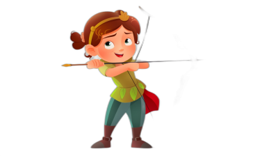 A young girl with brown hair, dressed as an archer in green and yellow is shooting arrows on a black background in the style of Disney Pixar mixed with kawaii animation. She has cute features like big eyes and a small mouth. The art is in a cartoon style, with 3D rendering and a full body shot as a character illustration. The character sheet is highly detailed and of high resolution.