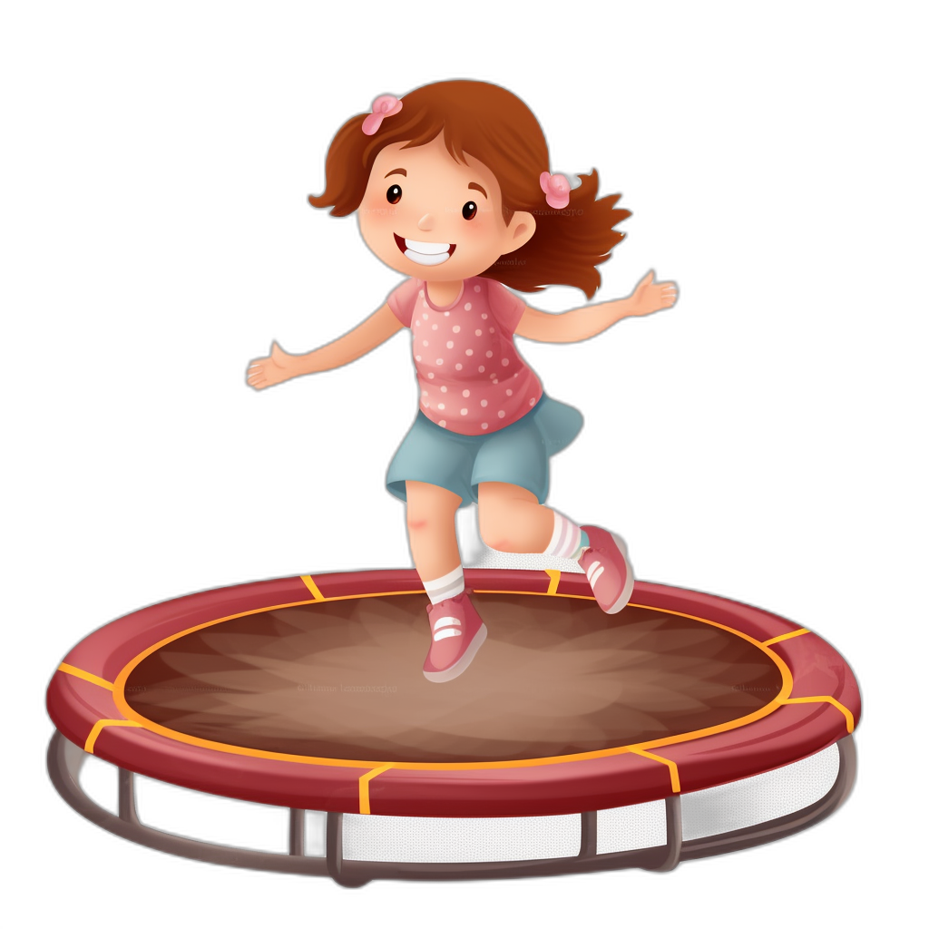 A cute little girl is jumping on the trampoline, smiling happily. The background color of black has an illustration style and cartoon elements. She was wearing pink shoes with white stripes, blue shorts, red shortsleeved top and long brown hair tied in two pigtails.,in design sheet, high resolution, no text, 3D rendering, Pixar animation, cartoon character design, simple background, simple shape, full body shot, flat view angle