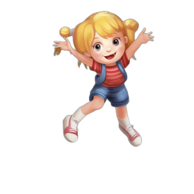 Cute cartoon girl jumping in the air, blonde hair with pigtails, red and blue striped tshirt, dark denim shorts, pink shoes, happy expression, in the style of Pixar, simple background, game avatar, full body shot