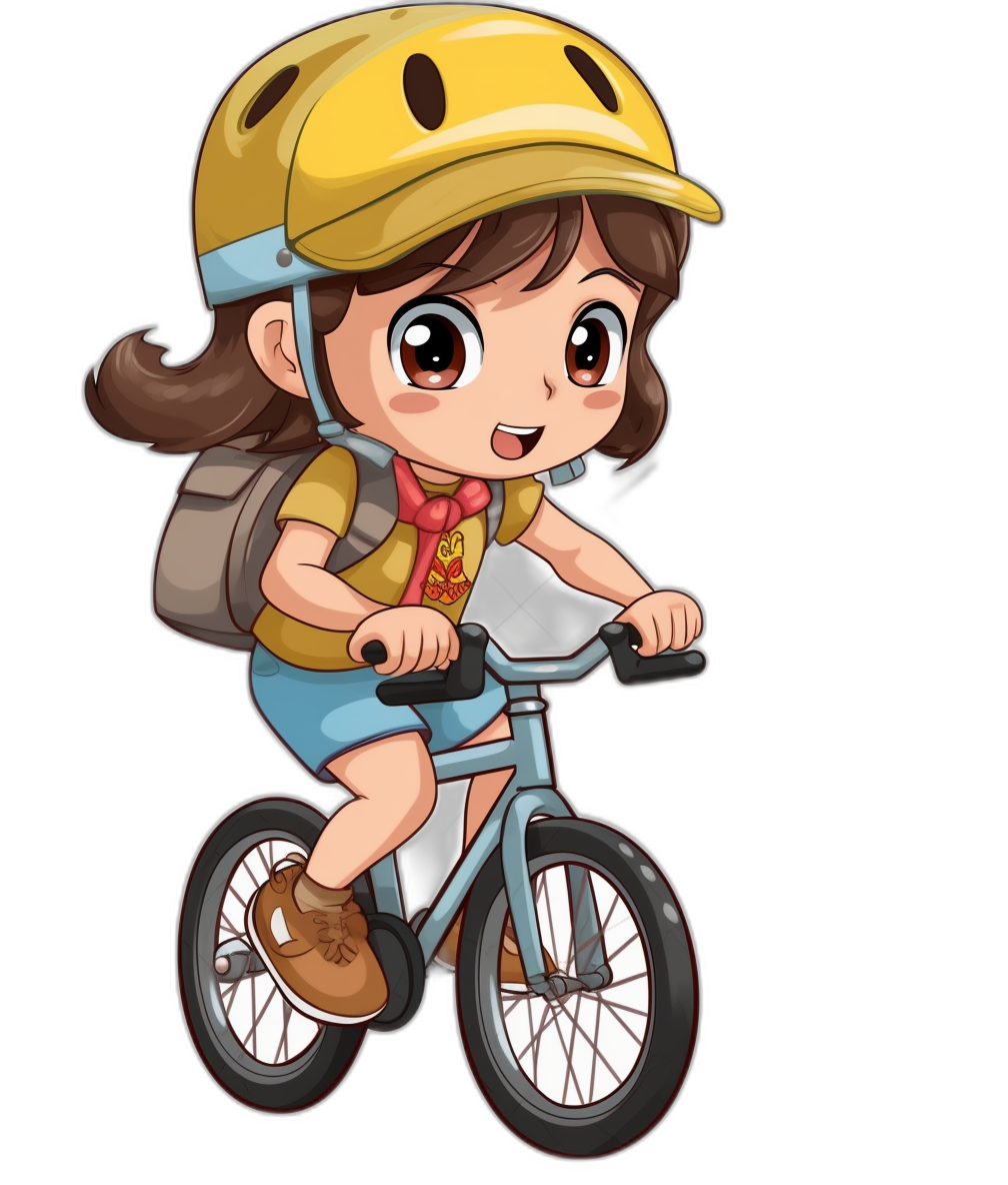 A cute little girl riding bike, vector illustration with black background and yellow helmet, simple design, chibi character style, full body shot, wearing shortsleeved shirt and blue shorts, wearing brown shoes, flat color, high resolution