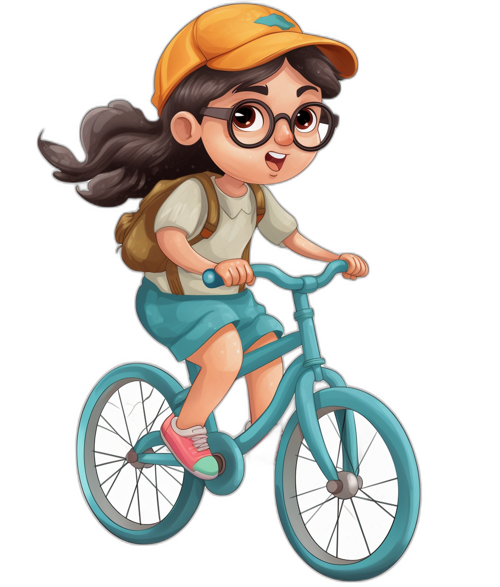 Cute cartoon girl riding a blue bike, with big eyes, wearing glasses and a yellow cap, in a simple style with a black background, colorful animation stills, in the style of [Qiu Shengxian](https://goo.gl/search?artist%20Qiu%20Shengxian), character caricatures, like children’s book illustrations, colorful woodcarvings, in