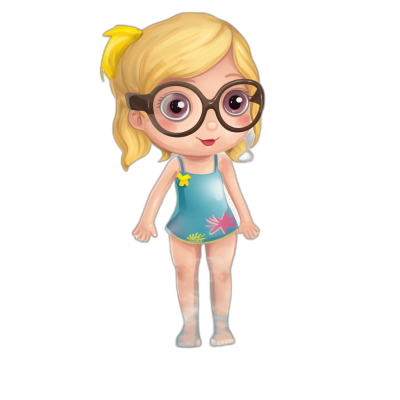 A cute little blonde girl with big eyes, wearing glasses and a blue swimming suit is standing on a black background in the style of a 3D cartoon.