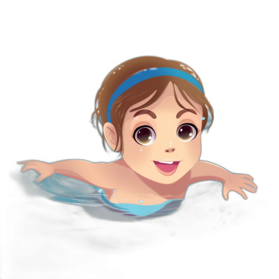 Cute baby girl with brown hair and a blue headband swimming with a happy face against a black background in the style of Disney cartoons, a cute drawing.