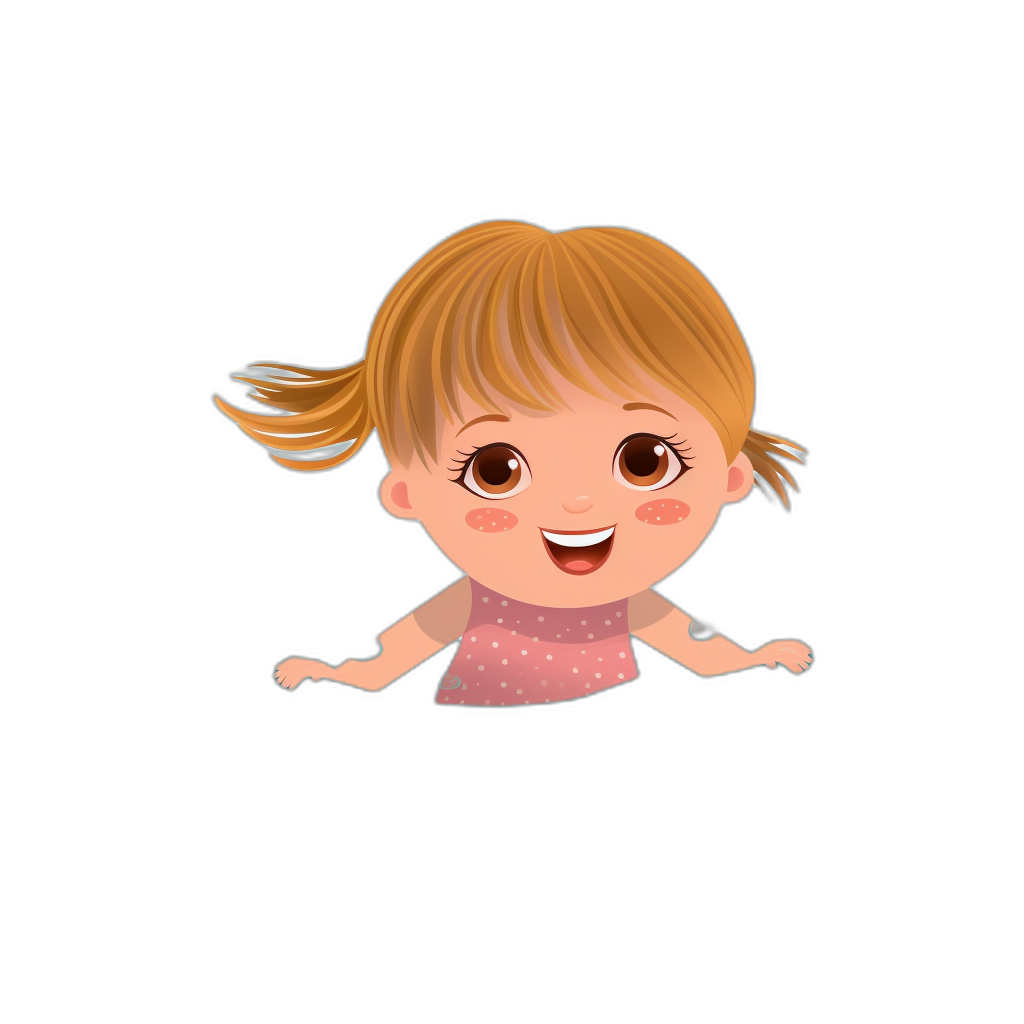 A cute smiling baby girl in pink with blonde hair is flying on a black background in the style of a vector illustration logo design.