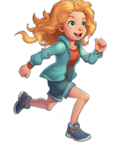 A cartoon character of a girl with blonde hair, blue eyes and a sporty style is running against a black background. She has short shorts and a jacket on top, sneakers on her feet. Her expression was happy. The style will be in the style of Pixar or Disney, colorful, vibrant, with a smiling face. It's going to have a flat design. Isolated on a white background.