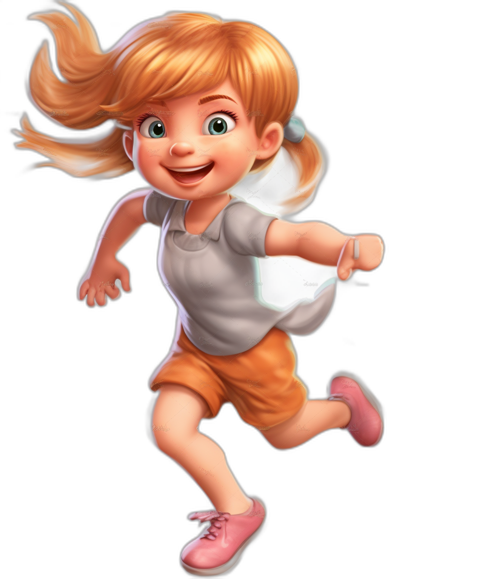 A cute little girl with blonde hair in pigtails, wearing an oversized white t-shirt and orange shorts running happily on a black background, in the style of Pixar, resembling a Disney cartoon character, in the style of Disney renderings, in the style of Pixar 3D rendering. She has pink shoes and is smiling at the camera. The colors of her should be bright, and she needs to have some accessories such as bracelets or earrings. Her expression appears joyful and cheerful. Full body shot.