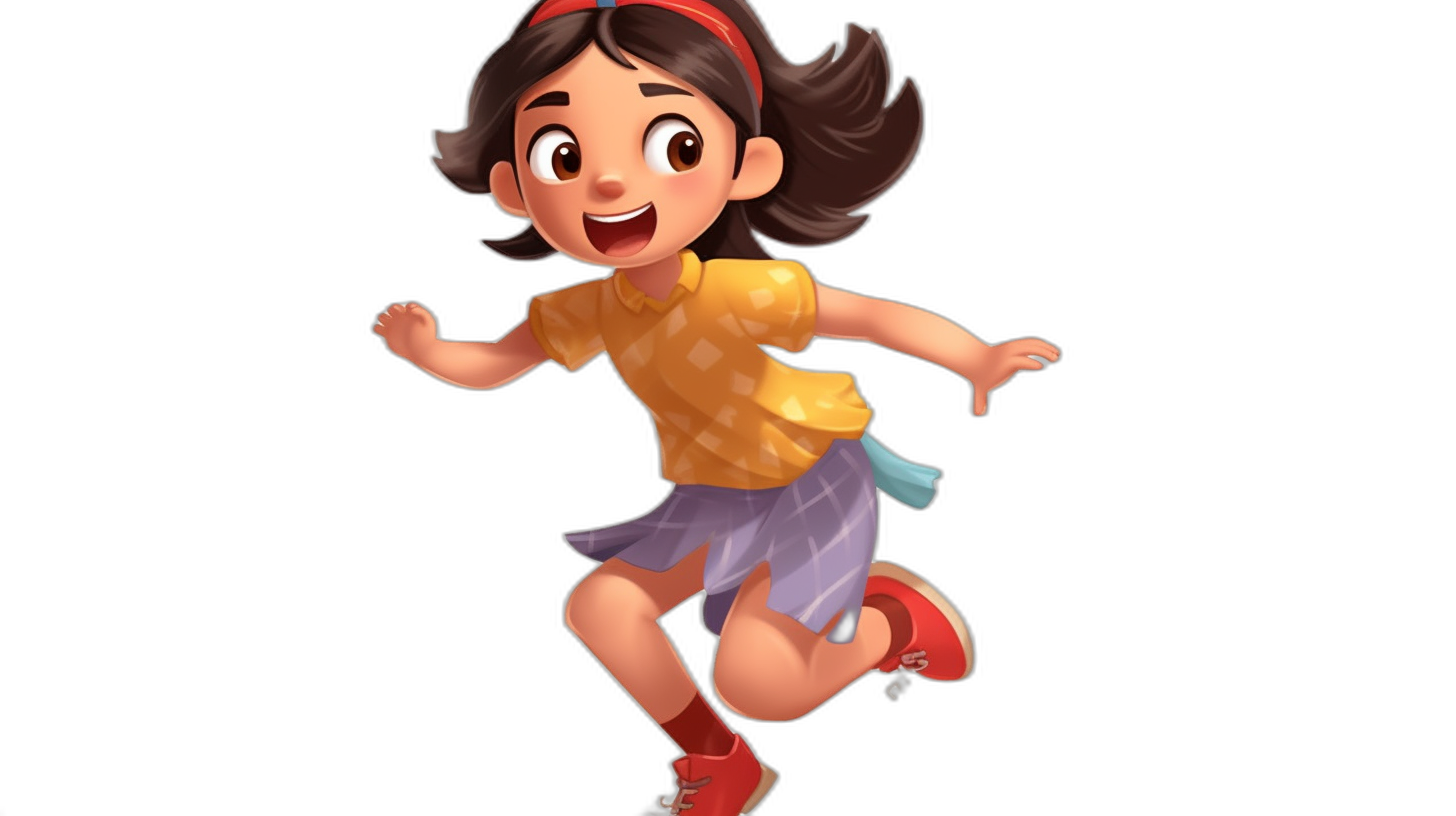 A cute girl is running in the style of Disney style cartoon character design with a black background. It is a 3D rendering of a simple and clean light red shoes, yellow shirt and purple skirt with a happy expression, big eyes, and bright colors. It is a full body portrait from a head up view angle with side lighting.