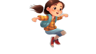 A cute girl is jumping, with brown hair and wearing blue shorts, red shoes, and a yellow checkered shirt. She has a backpack on her back and simple facial expressions. The style is Disney-like, with a black background and cartoon character design. It is a full body portrait with 3D rendering in the style of Pixar animation. The artwork uses simple lines like 2d game art.