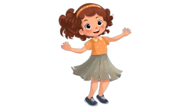 A cute little girl, wearing an orange shirt and gray skirt with shoes on her feet, is smiling happily while dancing in the air. Her hair is curly brown and she has big eyes. She stands upright against a black background. The illustration style should be cartoonish, with bright colors and soft lighting, in the style of a cartoon.