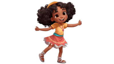 A full body shot of a happy young girl with dark skin, afro hair and wearing shoes and skirt dancing on a black background. She is smiling and looking at the camera. The illustration style should be warm and inviting, with soft lighting to highlight her features. Use vibrant colors as she has curly hair and stylish . The overall mood must convey happiness and warmth, making it suitable as children's book cover art in the style of Disney Pixar.