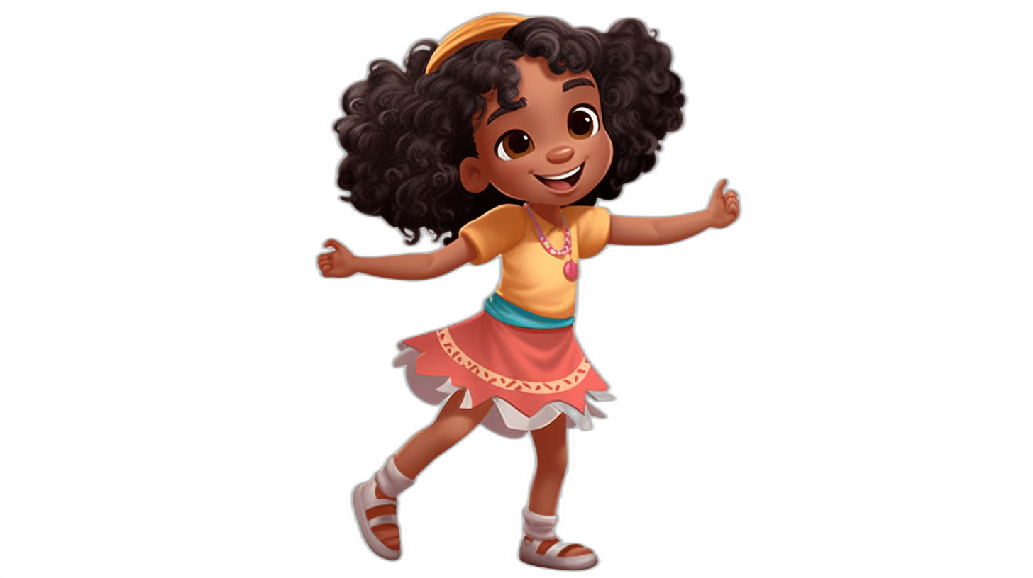 A full body shot of a happy young girl with dark skin, afro hair and wearing shoes and skirt dancing on a black background. She is smiling and looking at the camera. The illustration style should be warm and inviting, with soft lighting to highlight her features. Use vibrant colors as she has curly hair and stylish . The overall mood must convey happiness and warmth, making it suitable as children’s book cover art in the style of Disney Pixar.