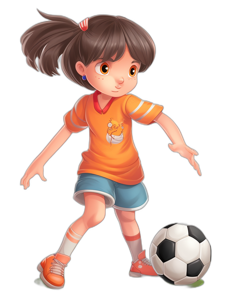 Cartoon girl in an orange soccer jersey, blue shorts and red shoes playing football on a black background. The character is smiling with big eyes and long hair tied back to her head. She wears small earrings. In the style of Japanese anime, flat colors, simple lines, low detail, and no shading. There is an illustration of a chicken painted onto the t-shirt she is wearing. A black background. A ball lying next to her. A full body shot.