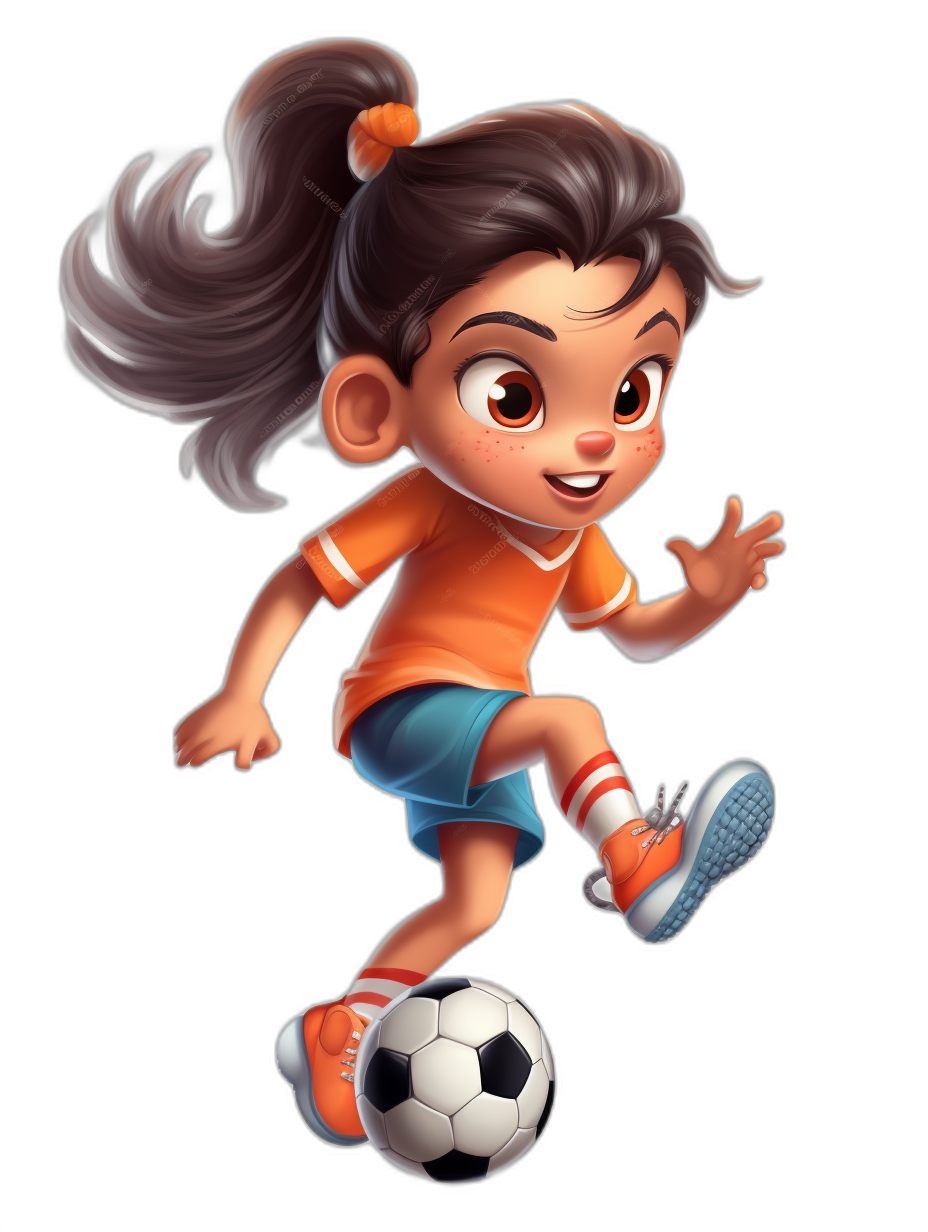 Cartoon girl playing football in the style of Disney Pixar animation characters. The cartoon character has an orange and blue color scheme, wearing short sleeves, shorts or long pants with white stripes on the side of her leg against a dark background. She has black hair in a ponytail hairstyle and a cute expression as she kicks a soccer ball in a full body shot. The 3D rendering uses bright colors and creates a lively atmosphere.