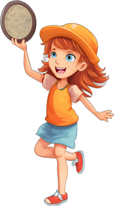 A cartoon girl is playing with the moon, with a happy expression. This is a full body portrait, wearing an orange T-shirt and blue skirt, red shoes. The illustration style is a simple vector style, with a black background. She has ginger hair and wears a yellow hat on her head. The young woman holds up one hand to play with the planet like a drum, with both hands open wide for action. Her eyes have big watery white eyelashes, giving off soft light. The style is flat comic style, with focus on the best quality, in the style of comic artists.