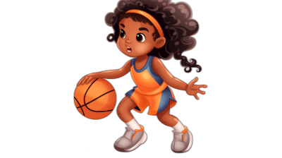 A cute little black girl basketball player, vector illustration for t-shirt design, in the style of cartoon, with simple lines and colors, on a solid background color, high resolution, high quality, high detail, high definition image, with high contrast, black hair and brown eyes wearing an orange jersey with white shoes playing with the ball, depicted with simple line art.