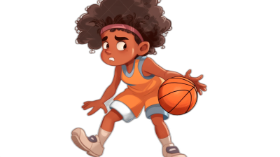 African American little girl playing basketball in the style of a full body cartoon character on a black background, in the Disney Pixar style of 2D animated film cell animation, the cute face with curly hair and afro wearing an orange jersey, shorts and white shoes holding and dribbling a ball while running, a detailed and colorful high resolution illustration.