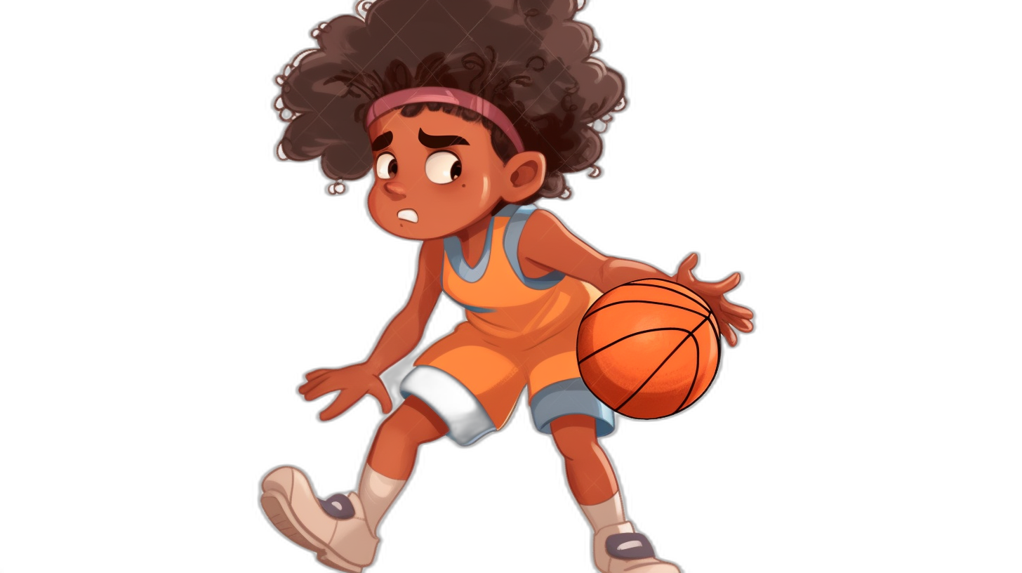 African American little girl playing basketball in the style of a full body cartoon character on a black background, in the Disney Pixar style of 2D animated film cell animation, the cute face with curly hair and afro wearing an orange jersey, shorts and white shoes holding and dribbling a ball while running, a detailed and colorful high resolution illustration.